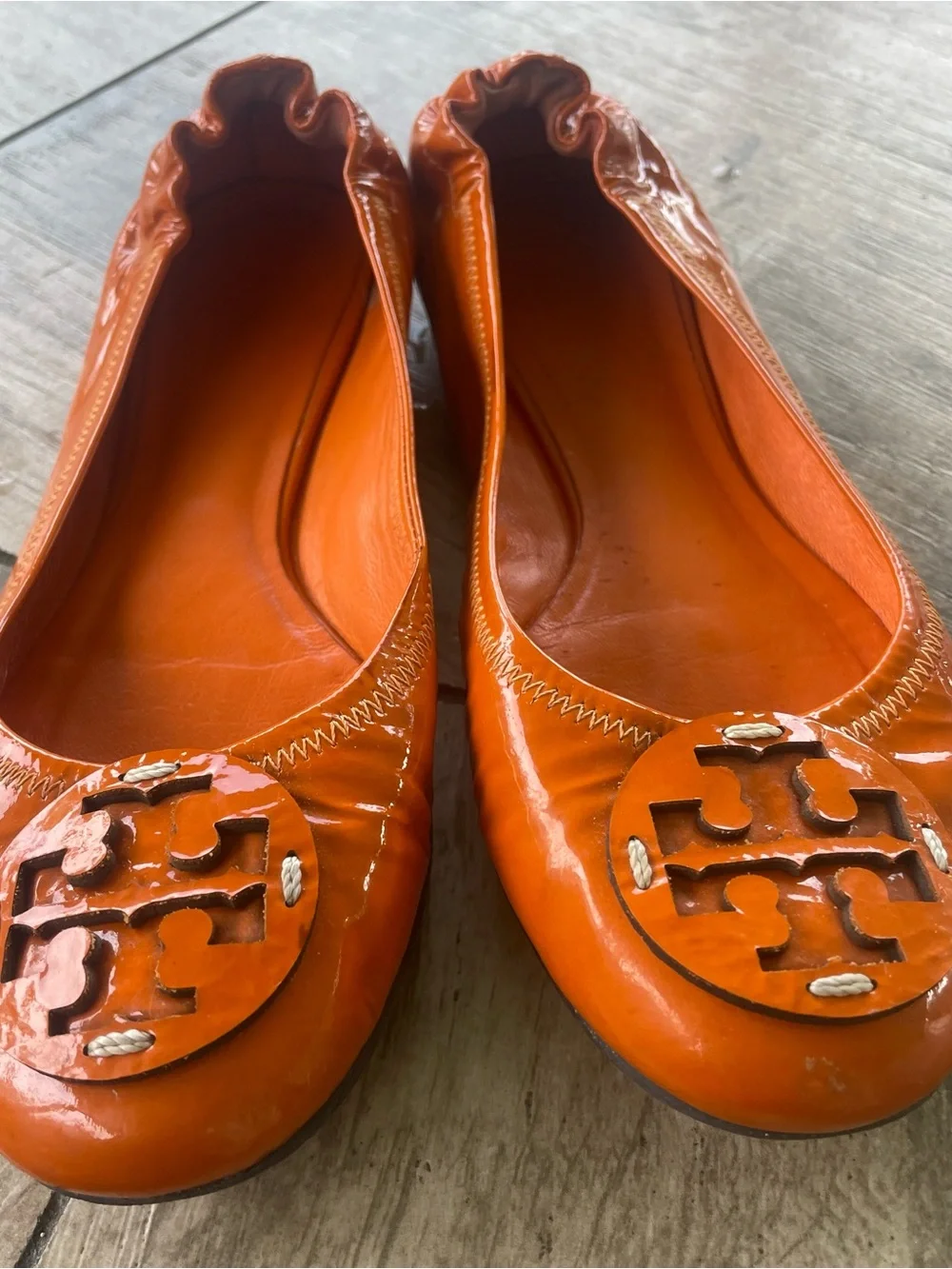 Tory Burch Patent Orange Logo Ballet Flats